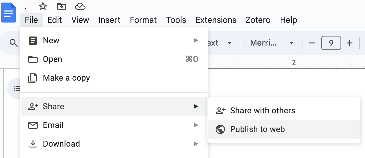 Publish your Google Doc as a Website by navigating to File > Share > Publish to web within Google Docs