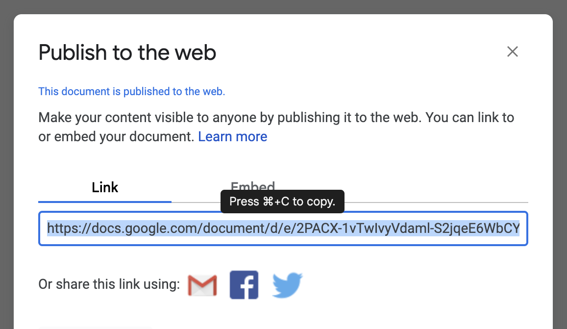 Once published, you can share your Google Doc with anyone.